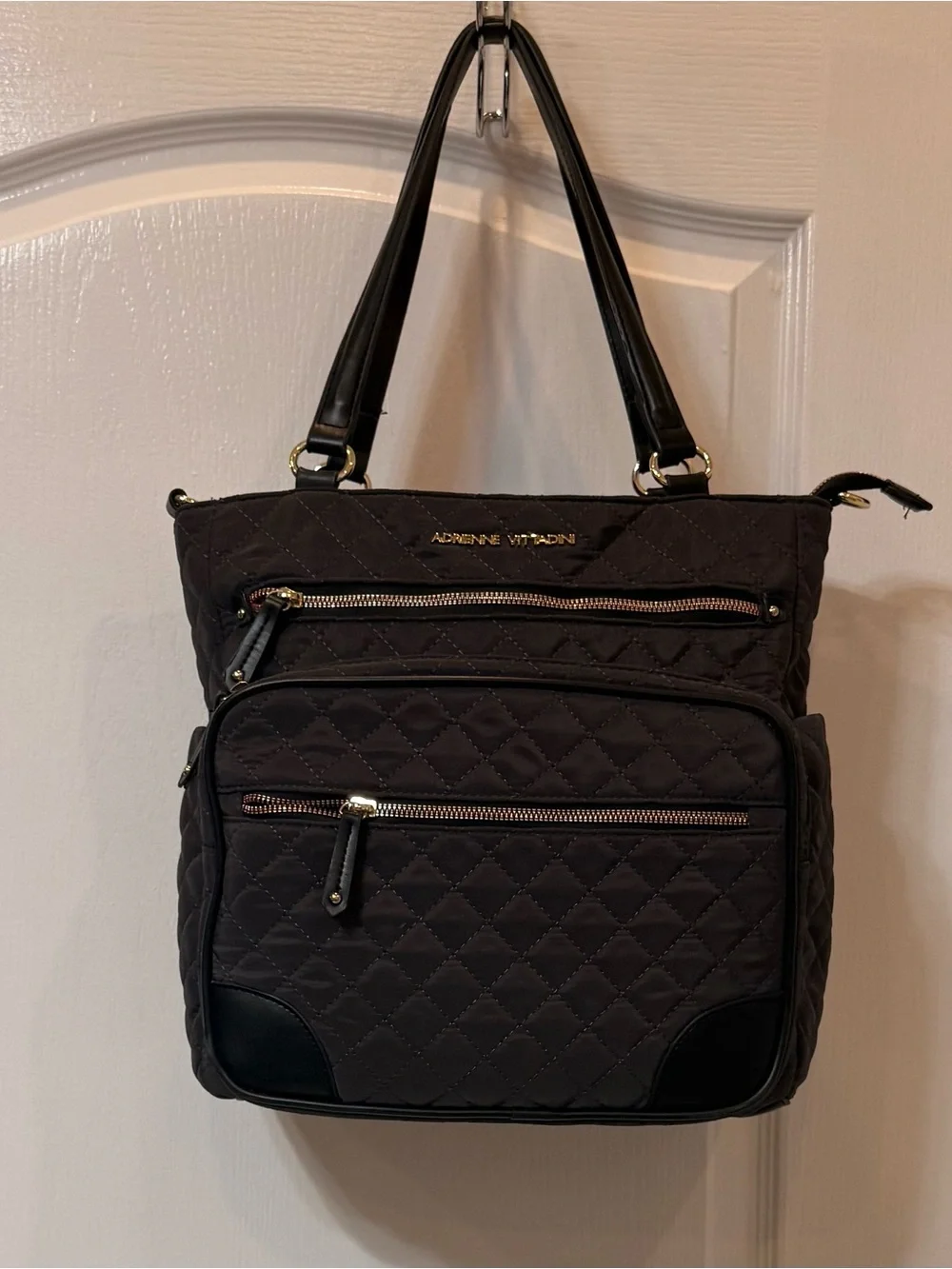 Adrienne Vittadini Quilted Black Tote Bag with Top Handles. Very Good Condition